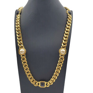 Carolee Gold Tone Curb Thick Chain Chunky Necklace Faux Pearl Onyx Vintage 80s